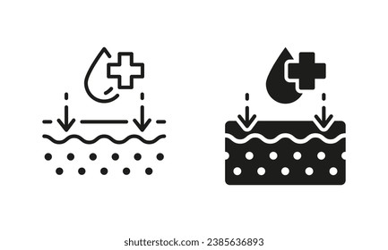 Medizinische Behandlung, Symbolsammlung der Hautpflegetherapie. Gesunde Schönheit saubere Hautlinie und Silhouette Black Icon Set. Piktogramm zur Prüfung der Hautkrankheit bei Dermatologie. Einzelne Vektorgrafik.