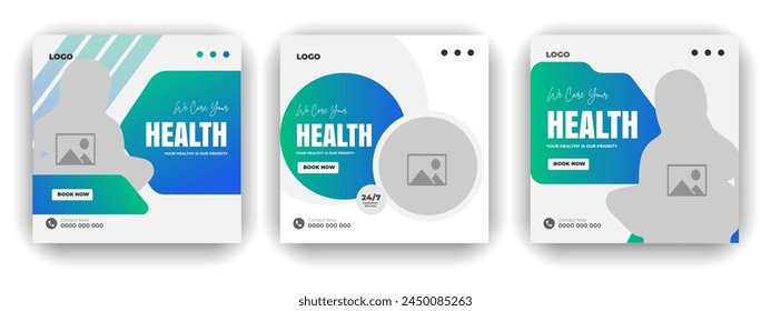 Medical treatment social media post design set and elegant modern abstract Healthcare smooth gradient background shape color bundle template