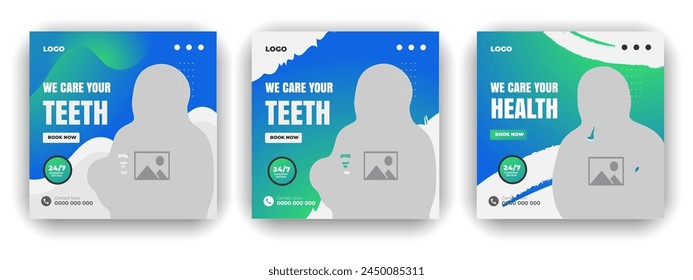 Medical treatment social media post design set and elegant modern abstract Healthcare smooth gradient background shape color bundle template