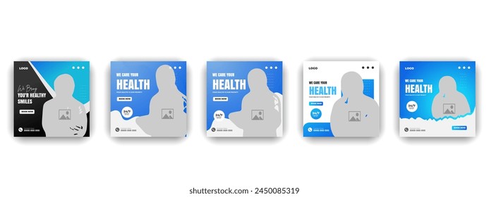 Medical treatment social media post design set and elegant modern abstract Healthcare smooth gradient background shape color bundle template