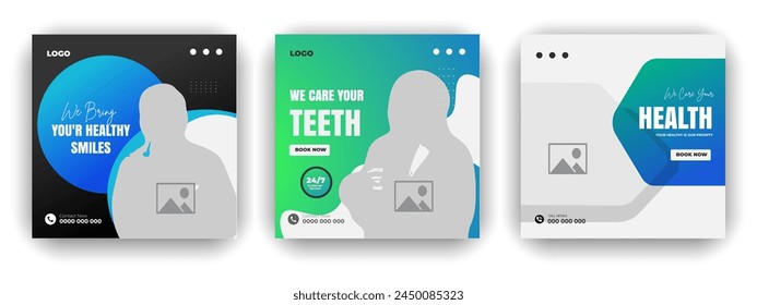 Medical treatment social media post design set and elegant modern abstract Healthcare smooth gradient background shape color bundle template