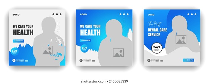 Medical treatment social media post design set and elegant modern abstract Healthcare smooth gradient background shape color bundle template