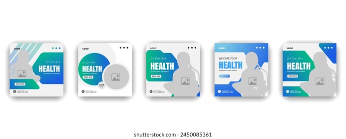 Medical treatment social media post design set and elegant modern abstract Healthcare smooth gradient background shape color bundle template