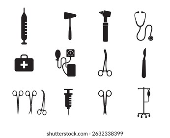 Medical treatment tool or machine black silhouette design bundle, equipment symbol cut out set