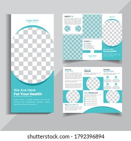 Medical Tri fold brochure design. Cyan corporate business template for tri fold flyer. Layout with modern circle photo and abstract background. Creative concept 3 folded flyer or brochure design.