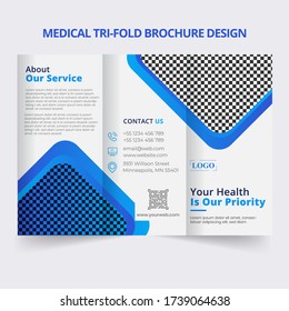 Medical triple folding brochure Design in white background .Vector brochure for business and advertising. The template is white with a red hexagon and a place for photos. Design for print Design .