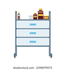 Medizinischer Trolley mit Ampulle, Durchstechflaschen und medizinischem Zubehör. Medizinische Möbel. Vektorgrafik einzeln auf weißem Hintergrund.