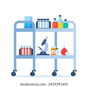 Medical trolley with medical flask, jars, test tubes, pills. Medical equipment. Vector illustration