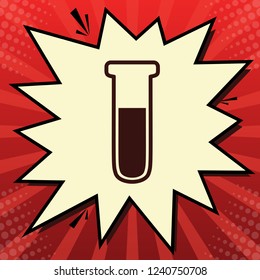 Medical Tube icon. Laboratory glass sign. Vector. Dark red icon in lemon chiffon shutter bubble at red popart background with rays.