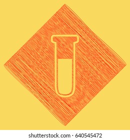 Medical Tube icon. Laboratory glass sign. Vector. Red scribble icon obtained as a result of subtraction rhomb and path. Royal yellow background.