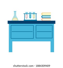 medical tube tests flasks and books in laboratory desk flat icons vector illustration design