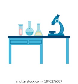 medical tube tests flasks and microscope in laboratory desk flat icons vector illustration design