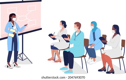 Medical tutor with students semi flat color vector characters. Diverse figures. Full body people on white. Presentation isolated modern cartoon style illustration for graphic design and animation