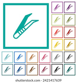 Medical tweezers flat color icons with quadrant frames on white background