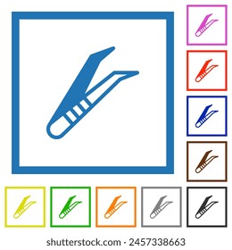 Medical tweezers flat color icons in square frames on white background