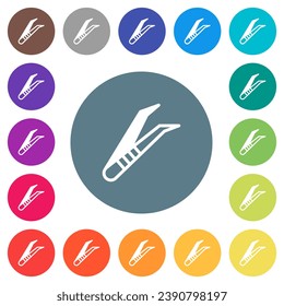 Medical tweezers flat white icons on round color backgrounds. 17 background color variations are included.