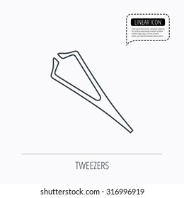 Medical tweezers icon. Cosmetic equipment sign. Linear outline icon. Speech bubble of dotted line. Vector