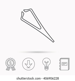 Medical tweezers icon. Cosmetic equipment sign. Download arrow, lamp, learn book and award medal icons.