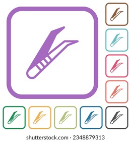 Medical tweezers simple icons in color rounded square frames on white background