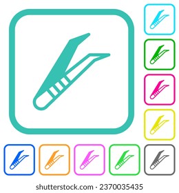 Medical tweezers vivid colored flat icons in curved borders on white background