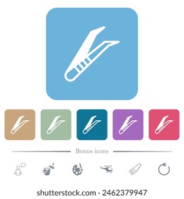 Medical tweezers white flat icons on color rounded square backgrounds. 6 bonus icons included