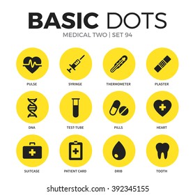 Medical two flat icons set with pulse, plaster form and tooth isolated vector illustration on white