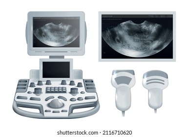 Medical Ultrasonography Checkup Equipment With Transducers And  Monochrome Snapshots Realistic Design Concept Isolated Vector Illustration