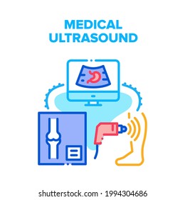 Medical Ultrasound Device Vector Icon Concept. Medical Ultrasound Medical Treatment For Examination Human Organ Health And Bones. Hospital Medicine Electronic Equipment Color Illustration