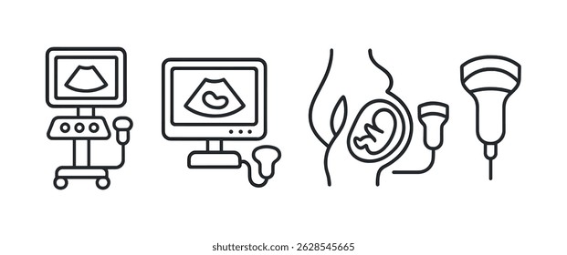 Medical ultrasound equipment outline icon set - healthcare diagnostic symbols