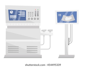 Medical ultrasound equipment vector flat design illustration isolated on white background.