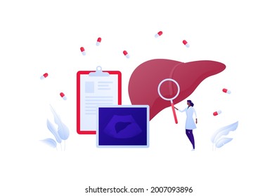 Concepto de procedimiento de ultrasonido médico. Ilustración vectorial de asistencia sanitaria plana. Hepatología y diagnóstico hepático. Médico femenino con vidrio de aumento y símbolo de cápsula de medicina. Diseño para la atención de la salud.