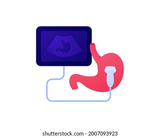 Medical ultrasound procedure concept. Vector flat healthcare illustration. Endocrinology and stomach diagnostic color icon symbol. Ultrasonography device symbol. Design for health care.