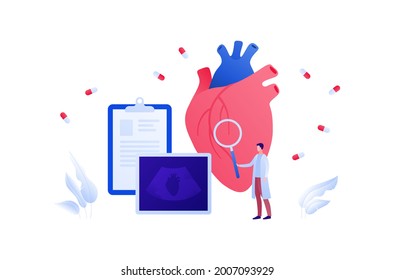 Medical ultrasound procedure concept. Vector flat healthcare illustration. Cardiology and heart diagnostic. Male doctor with magnifier glass and medicine capsule symbol. Design for health care.