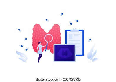 Medical ultrasound procedure concept. Vector flat healthcare illustration. Endocrinology and thyroid diagnostic. Female doctor with magnifier glass and medicine capsule symbol. Design for health care.