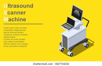 Ilustración vectorial isométrica de la máquina de diagnóstico por ultrasonido médico.