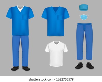 Medical Uniform Set, Vector Isolated Illustration. Nursing, Surgical Scrub, Hat, Mask, Underscrub Tee, Shoes, Hospital Medical Staff Sanitary Clothing.