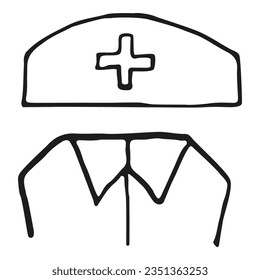 Medical uniform vector doodle illustration medical wear for doctor or nurse hat and medical white robe