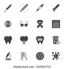 Medical universal vector icons set, modern solid symbol collection, filled style pictogram pack. Signs, logo illustration. Set includes icons as syringe injection, dental implant, molecule, microscope