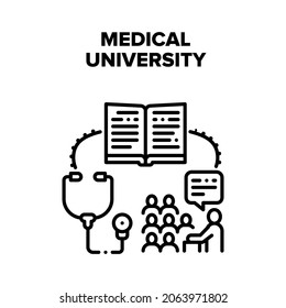 Medical University Education Vector Icon Concept. Students Studying Medical University, Reading Medicine Educate Book With Pharmacy Information And Treatment Disease Black Illustration