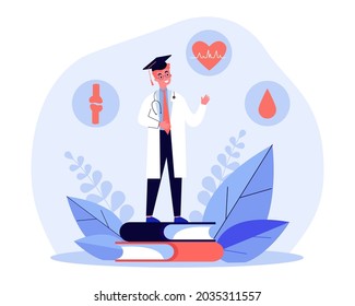 Medical University Graduate Flat Vector Illustration. Young Doctor With Knowledge Of Circulation, Joint And Cardiovascular Health, Standing On Giant Books. Medicine, Education, Healthcare Concept