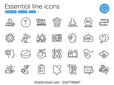 Medical vaccination, Calendar and No vaccine line icons. Collection of Analysis graph, Cloud computing, Recovery data icons. Solar panels, 360 degrees, Difficult stress web elements. Vector