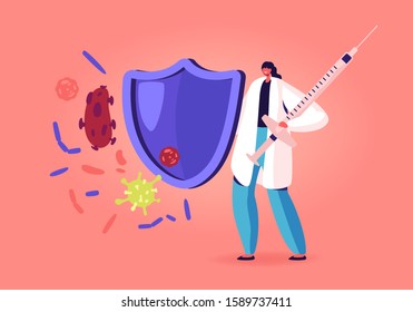 Medical Vaccination Concept. Female Doctor Holding Shield and Syringe for Vaccine Dose Shot Protecting from Viruses. Drug for Treating Illness Health Care Immunization. Flat Vector Illustration