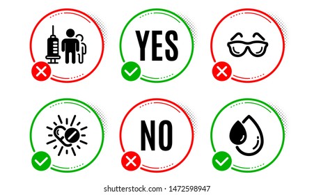 Medical vaccination, Medical drugs and Eyeglasses icons simple set. Yes no check box. Oil drop sign. Syringe vaccine, Medicine pills, Optometry. Serum. Healthcare set. Medical vaccination icon. Vector