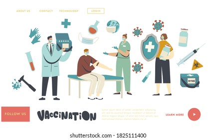 Medical Vaccination, Immunization Landing Page Template. Character Hold Huge Shield, Nurse Making Vaccine Shot to Man Protecting from Virus, Doctor with Medic Box. Linear People Vector Illustration