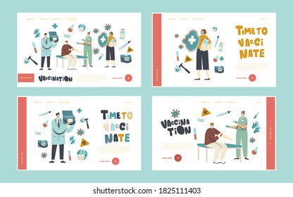 Medical Vaccination, Immunization Landing Page Template Set. Character Hold Huge Shield, Nurse Making Vaccine Shot to Man Protect from Virus, Doctor with Medic Box. Linear People Vector Illustration