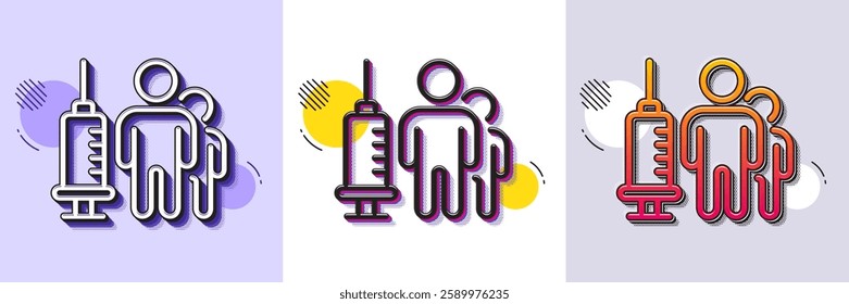 Medical vaccination line icon. Halftone dotted pattern. Gradient icon with grain shadow. Medicine vaccine sign. Pharmacy medication symbol. Line medical vaccination icon. Various designs. Vector