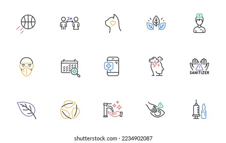 Medical vaccination, Medical mask and Organic tested line icons for website, printing. Collection of Leaves, Washing hands, Basketball icons. Clean hands, Doctor. Vector