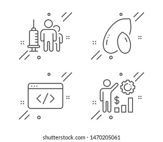 Medical vaccination, Seo script and Peanut line icons set. Employees wealth sign. Syringe vaccine, Programming, Vegetarian nut. Results chart. Business set. Vector
