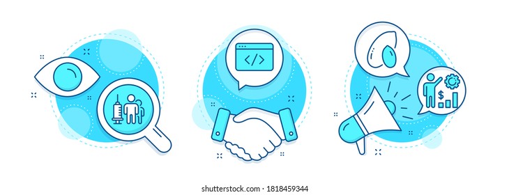 Medical vaccination, Seo script and Peanut line icons set. Handshake deal, research and promotion complex icons. Employees wealth sign. Syringe vaccine, Programming, Vegetarian nut. Vector