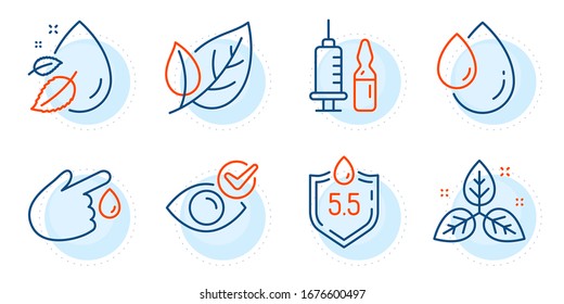 Medical vaccination, Water drop and Blood donation signs. Oil drop, Ph neutral and Check eye line icons set. Leaf, Fair trade symbols. Serum, Water. Healthcare set. Outline icons set. Vector